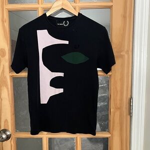 Raf Simons Black Tee with Pink and Green Abstract Design Sz 36 small